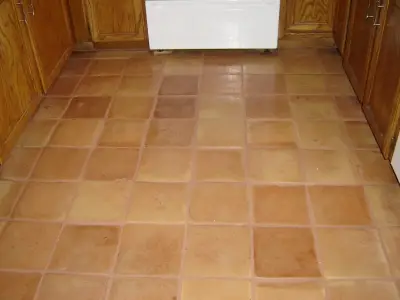 Saltillo tile floor after stripping and resealing